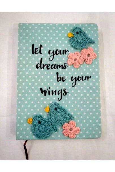Diary with Crochet Embellished Birds and Pink Flowers Diary with Crochet Embellished Birds and Pink Flowers